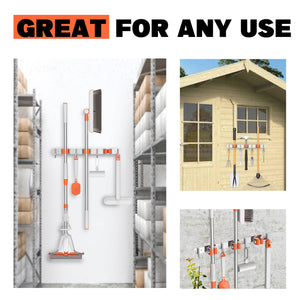 oshang Cleaning Supplies Organizer - Broom Mop Holder Wall Mount - Hanger with 3 Racks 4 Hooks