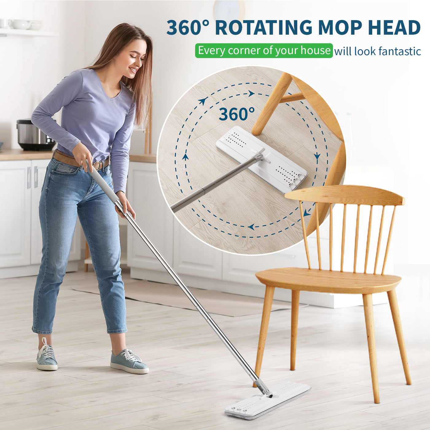 Flat Mop With 2/4 Mop Pads, Long Handle Hands-free Wash Flat Mop